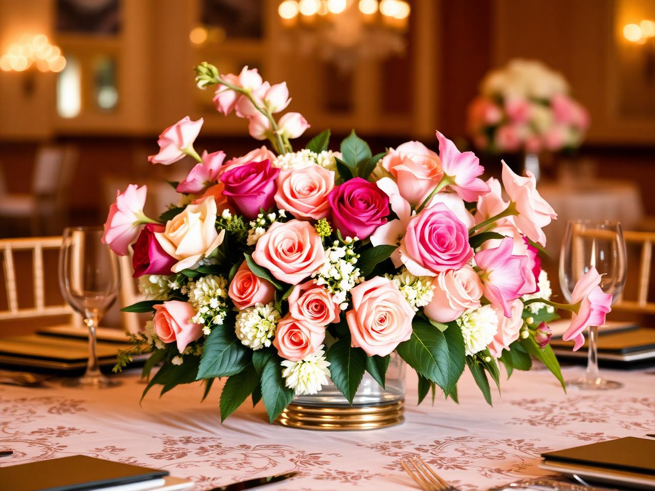 Roses & orchid centerpiece tablescape — Fluke Banquet Hall Gurgaon