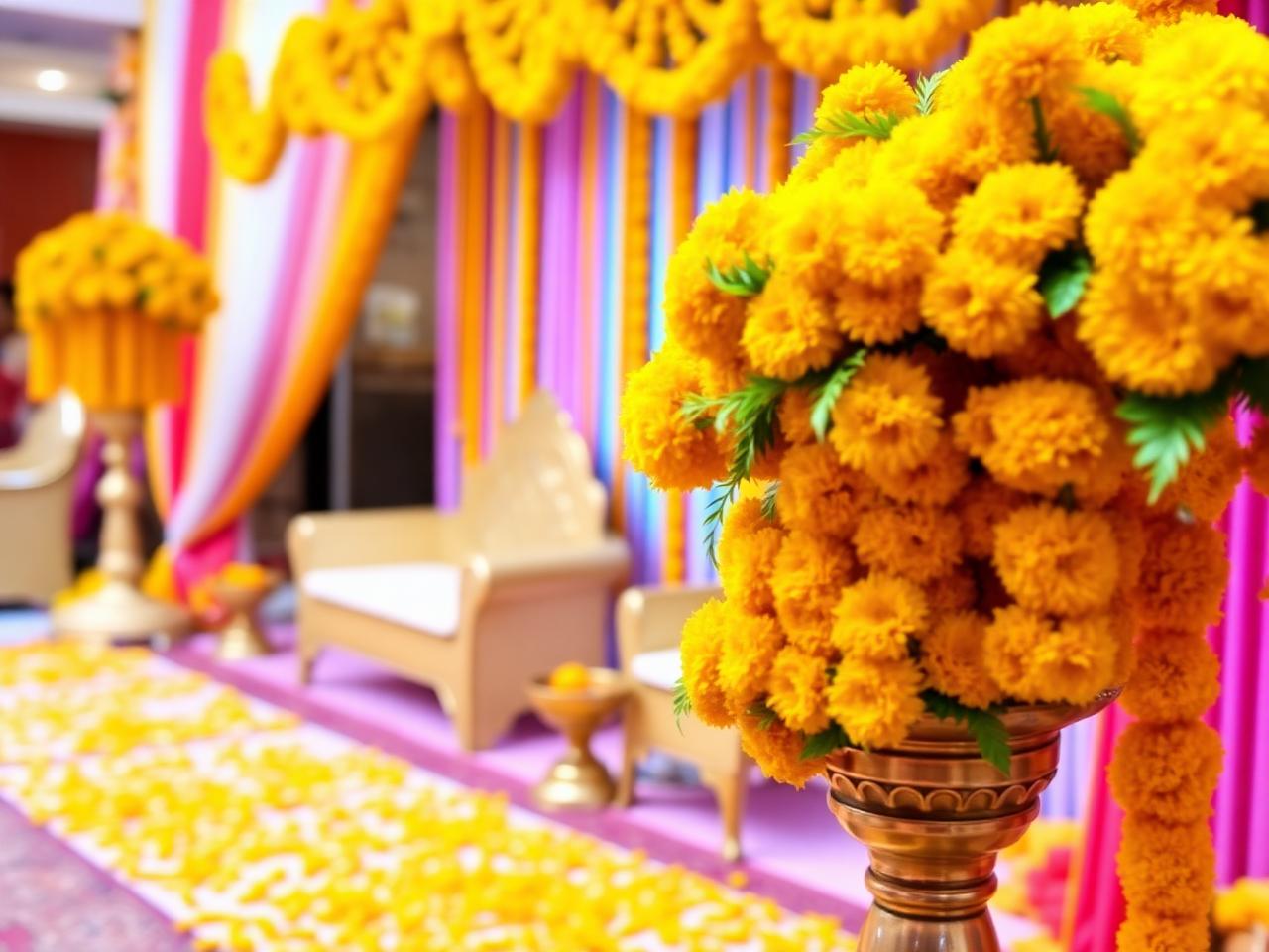 Haldi ceremony floral decor in marigold — Fluke Banquet Hall Gurgaon