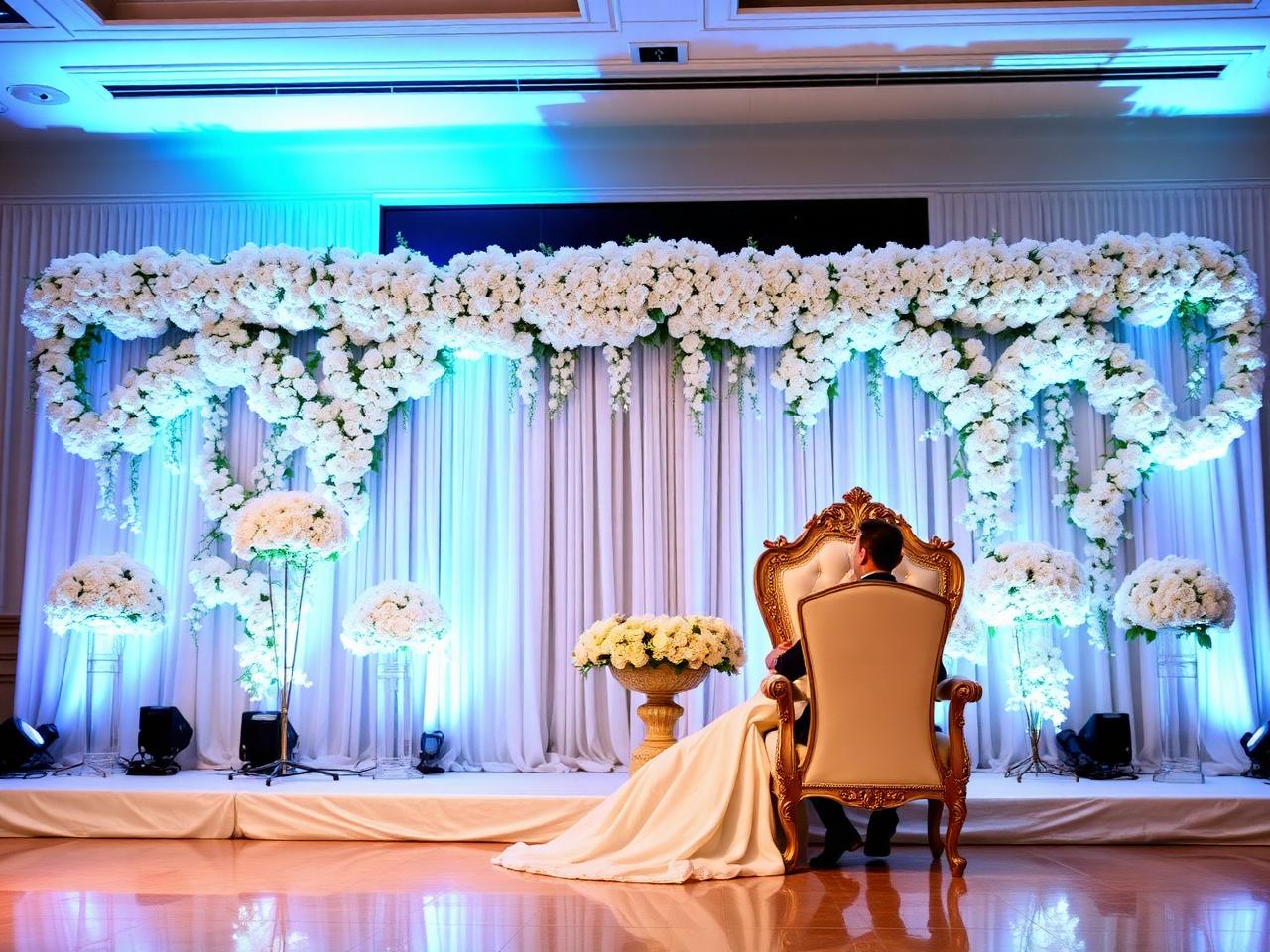 White floral reception stage backdrop — Fluke Banquet Hall Gurgaon